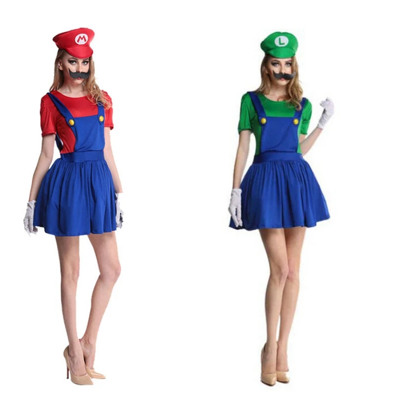 Super Mario Halloween costume featuring a red and green dress with iconic hats and accessories