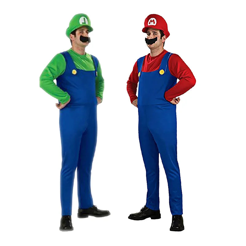 Super Mario Halloween costume featuring Mario and Luigi outfits with iconic hats and mustaches