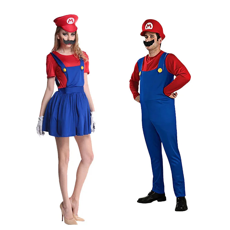 Couple in Super Mario Halloween costume featuring dress and overalls for themed parties
