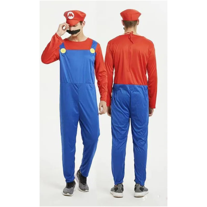 Super Mario Halloween costume featuring red top and blue overalls for a fun party look