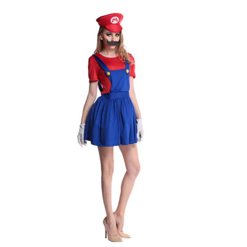 Super Mario Halloween costume featuring a dress with overalls, red shirt, and cap for festive fun