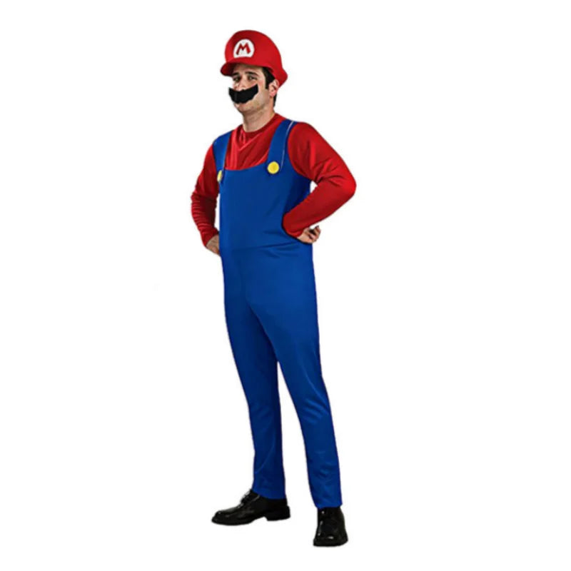 Man wearing Super Mario Halloween costume with red shirt and blue overalls, ready for a fun celebration