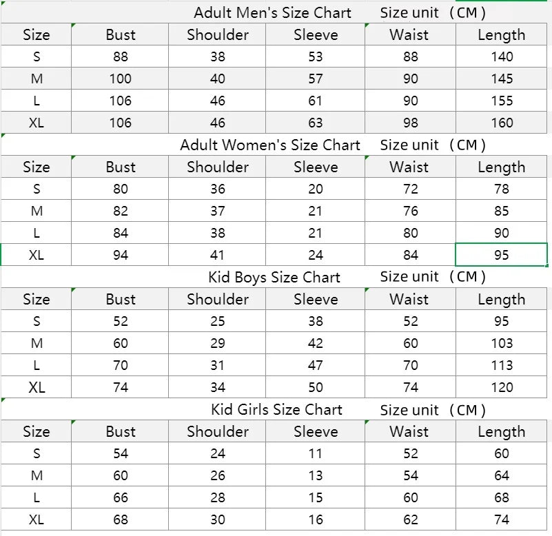 Super Mario Halloween costume size chart for adults and kids with detailed measurements in inches and centimeters