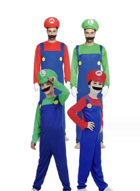 Super Mario Brothers group costume featuring Mario, Luigi, and kids in colorful overalls and hats