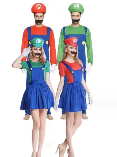 Super Mario Brothers group costume featuring Mario, Luigi, and Princess Peach in matching outfits