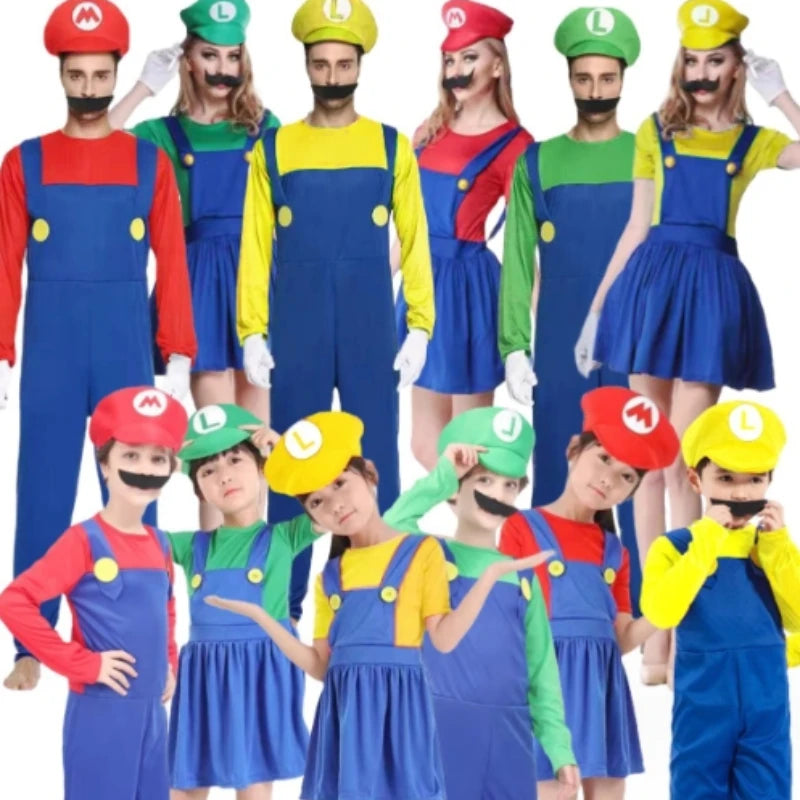 Group of kids and adults in Super Mario Brothers group costume featuring iconic hats and overalls