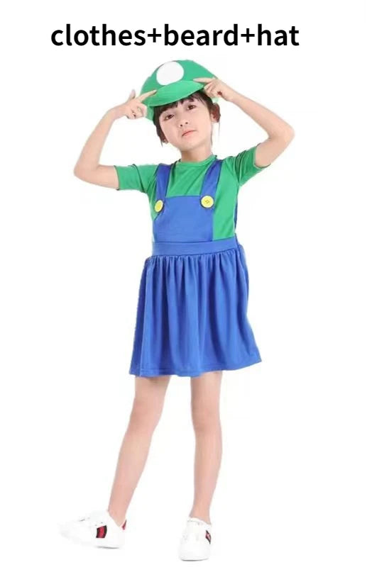 Girl wearing Super Mario Brothers group costume with green hat and blue overalls, perfect for themed events