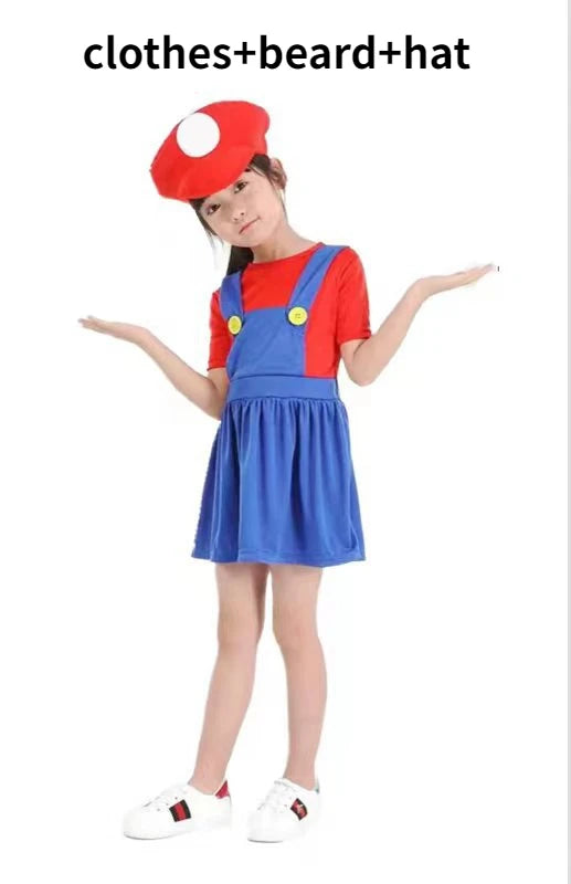 Child wearing a Super Mario Brothers group costume with red top, blue overalls, and hat