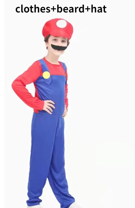 Child wearing a Super Mario Brothers group costume with red shirt, blue overalls, and mustache