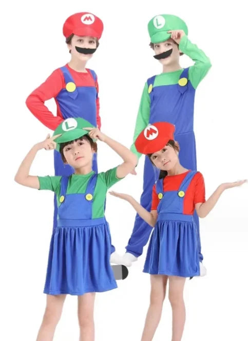 Children wearing Super Mario Brothers group costume featuring Mario and Luigi outfits