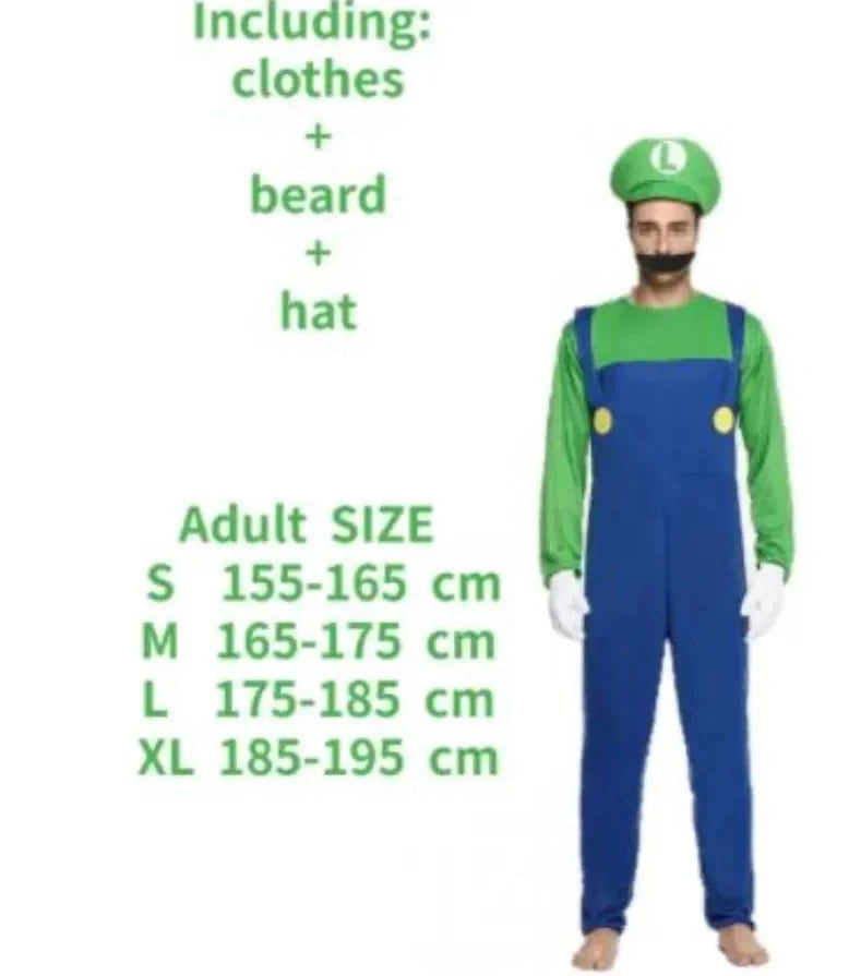 Super Mario Brothers group costume for adults with hat, beard, and detailed size chart