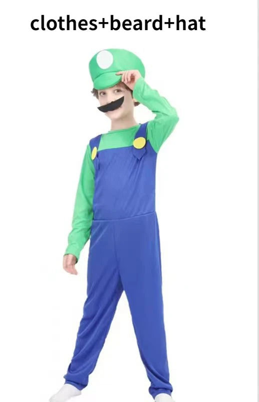 Child wearing Super Mario Brothers group costume featuring Luigi outfit with hat and mustache