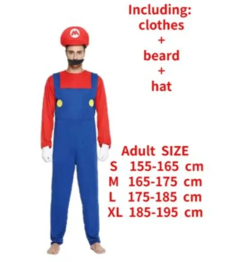 Adult Super Mario Brothers group costume including clothes, beard, and hat for themed parties