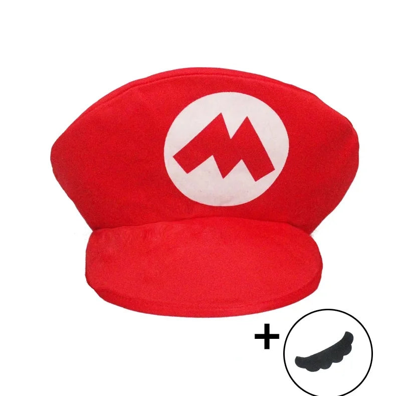 Red Mario hat from Super Mario Brothers group costume with iconic logo for playful dress-up