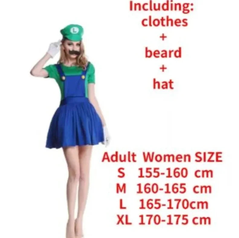Adult Super Mario Brothers group costume for women with clothes, beard, and hat included