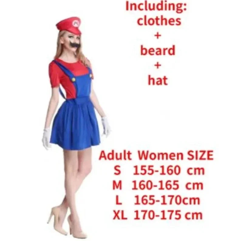 Adult women Super Mario Brothers group costume with dress, beard, and hat in various sizes