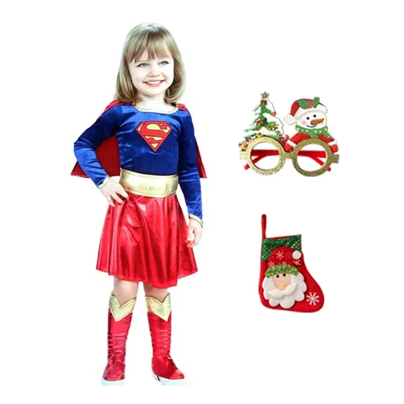 Little girl wearing a Supergirl Halloween Costume with a red skirt and blue top featuring the Superman logo