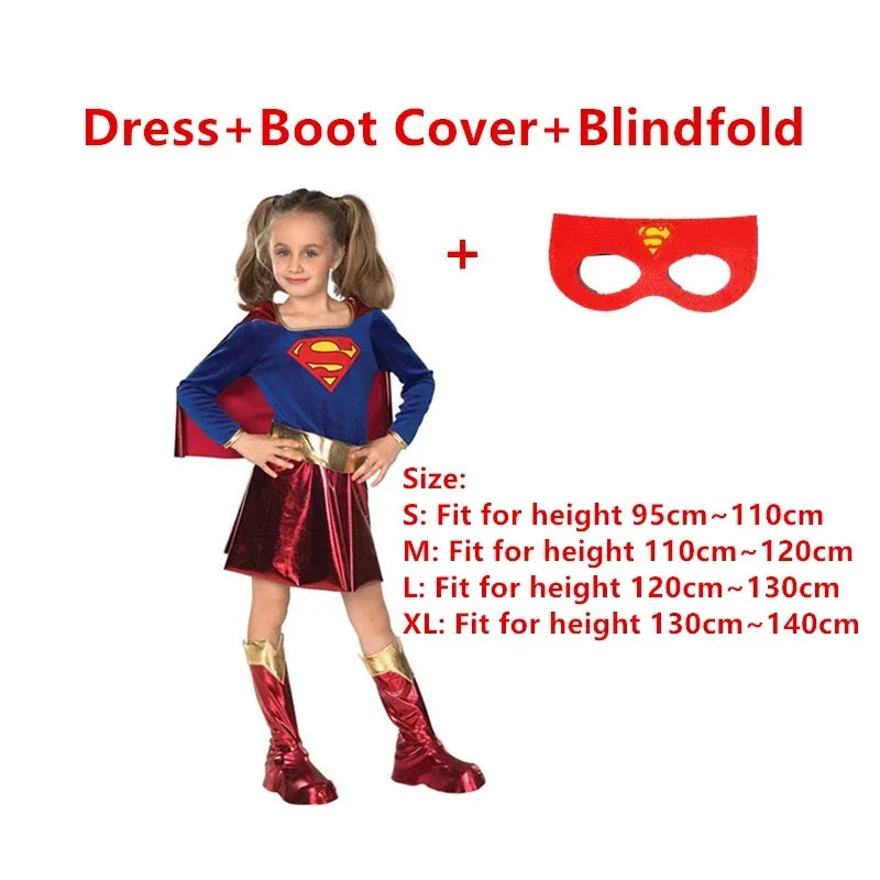 Supergirl Halloween Costume featuring a dress, boot covers, and blindfold for kids aged 3-10