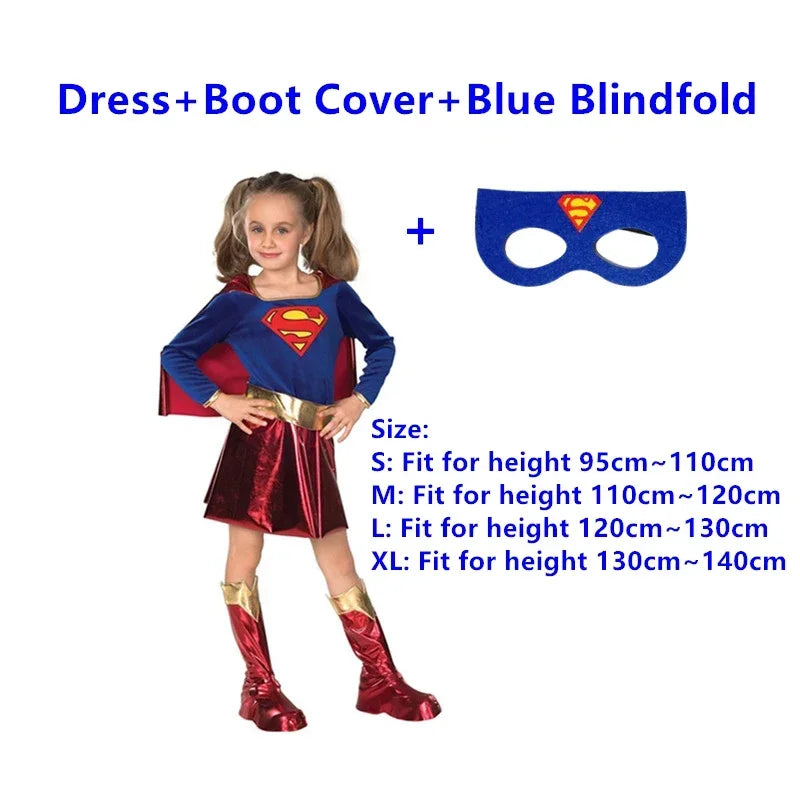 Supergirl Halloween Costume with Dress, Boot Covers, and Blue Blindfold for Kids
