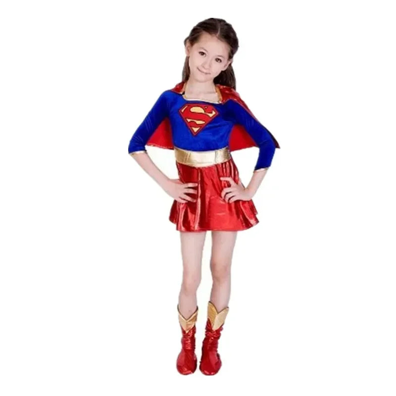 Girl wearing a Supergirl Halloween Costume with a blue top, red skirt, and cape for kids