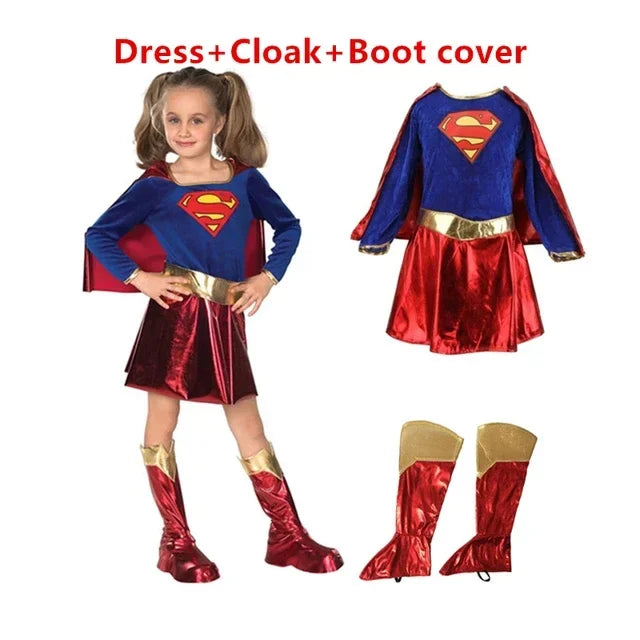 Supergirl Halloween Costume featuring a blue dress, red cloak, and gold boot covers for kids