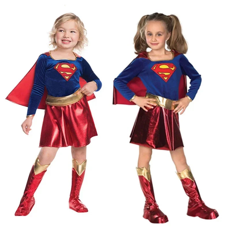 Two girls wearing Supergirl Halloween Costume with capes and shiny red skirts for dress-up fun