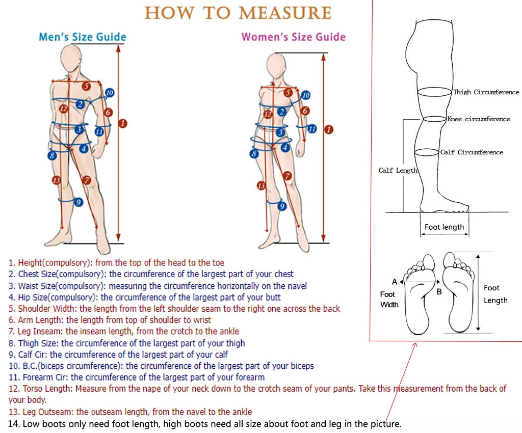 Size measurement guide for men and women by Zoomies & Co including height, leg, and foot sizing details