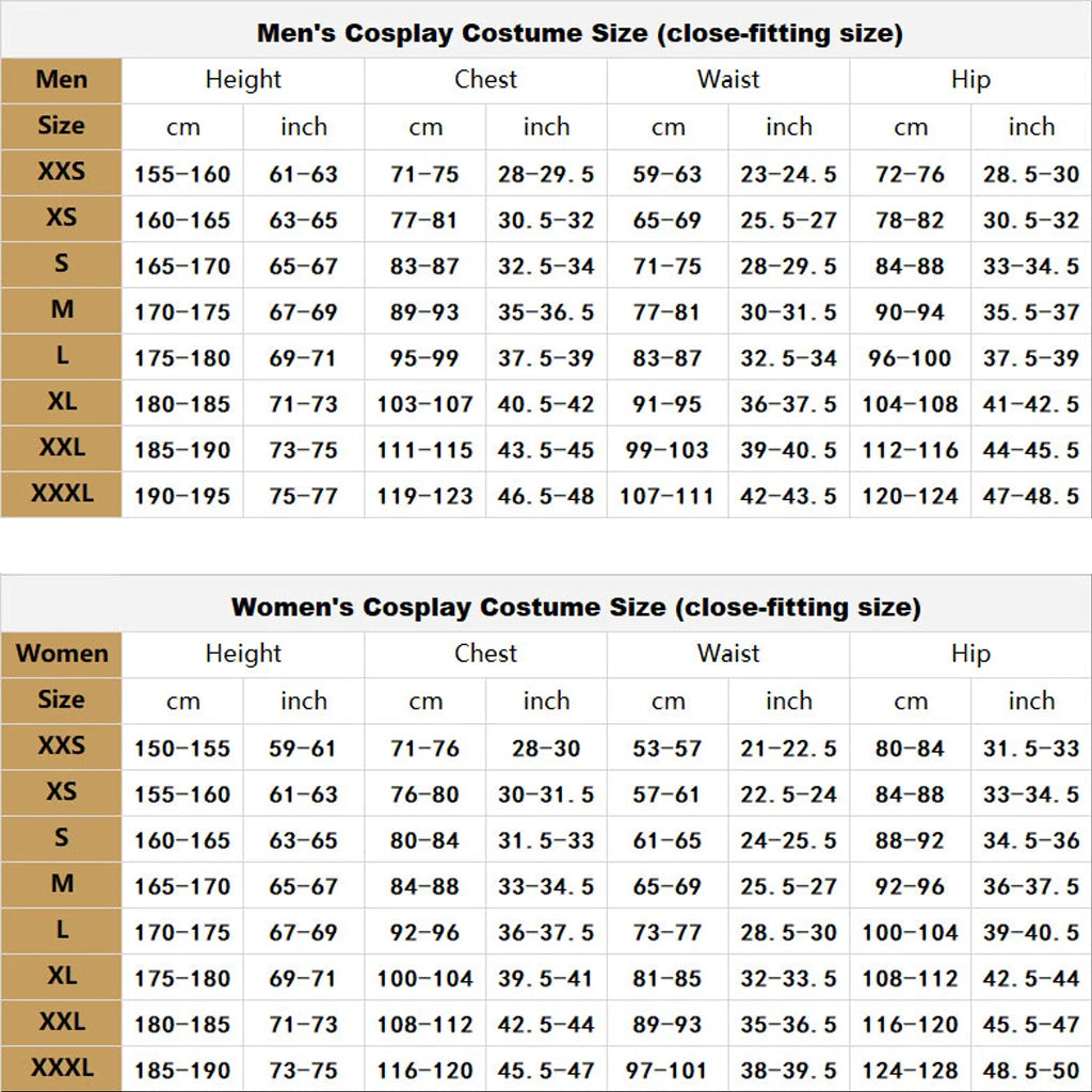 Men's and Women's Cosplay Costume Size Chart from Zoomies & Co with detailed measurements