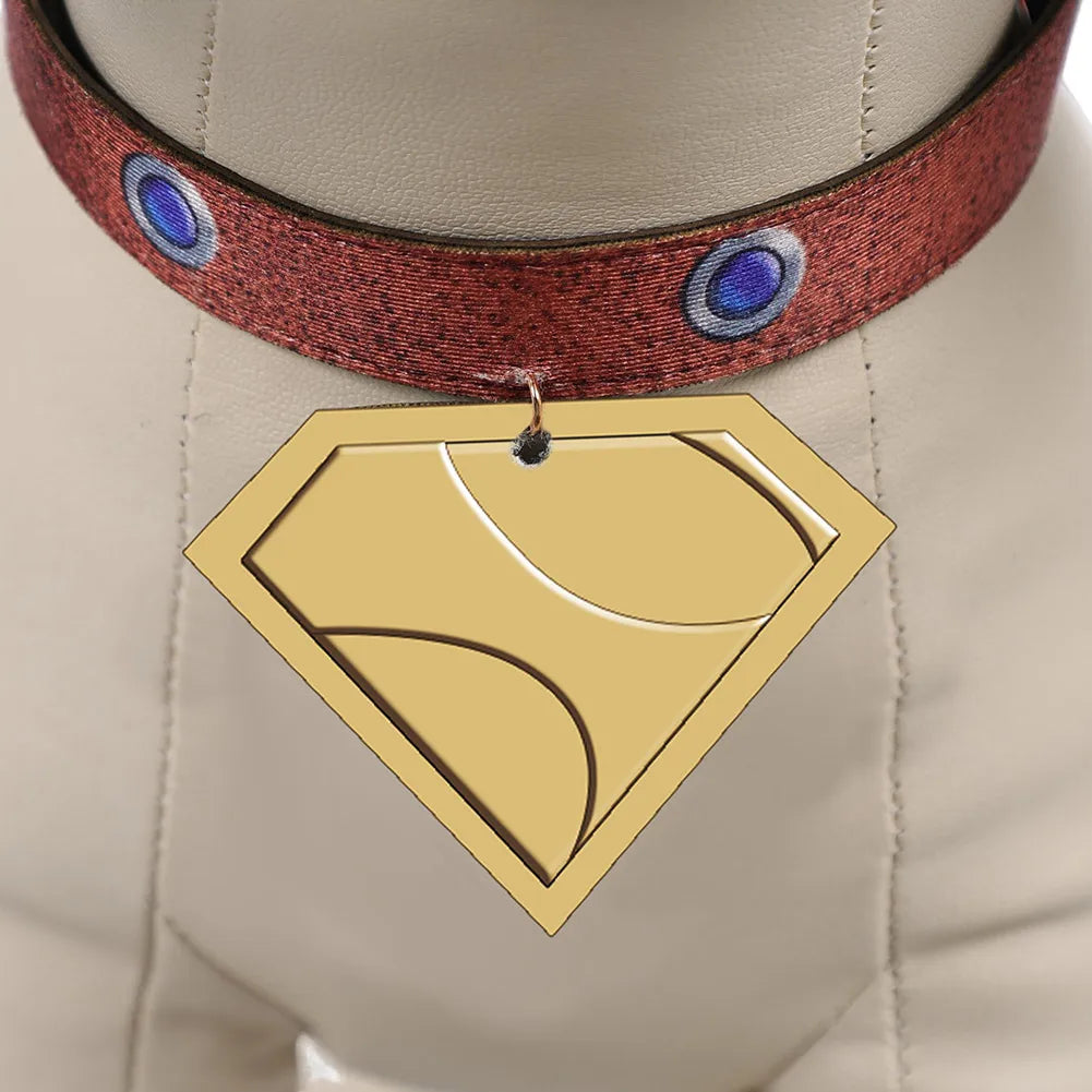 Superdog Krypto dog costume collar with a gold superhero emblem and blue accents