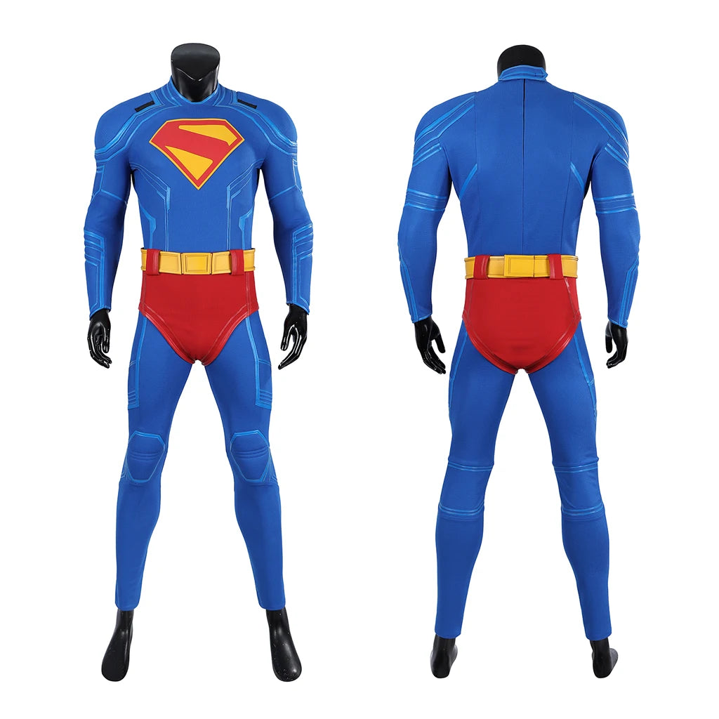 Zoomies & Co Superhero Costume in Blue with Yellow Belt and Red Accents for Kids and Adults