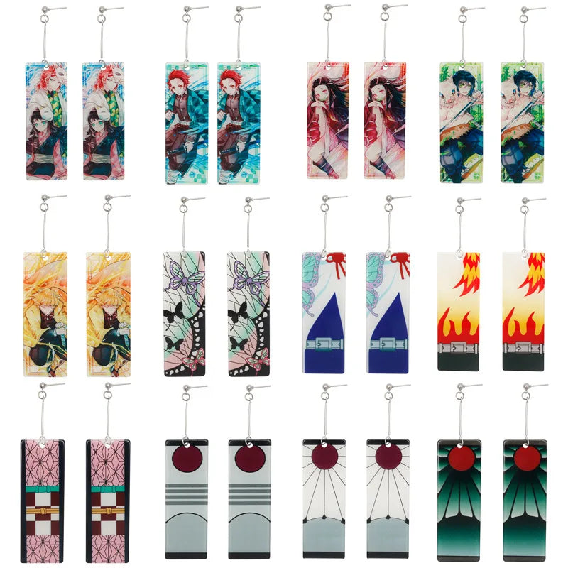 Colorful Tanjiro earrings Demon Slayer featuring various character designs and vibrant artwork