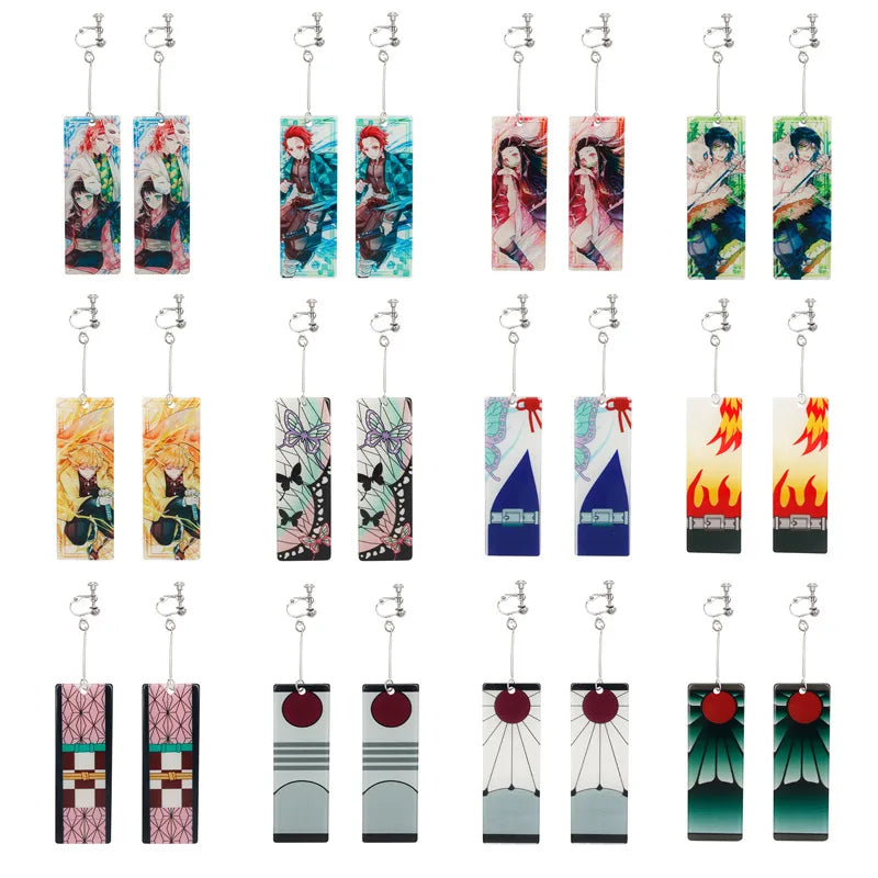 Collection of Tanjiro earrings Demon Slayer featuring various colorful designs and characters
