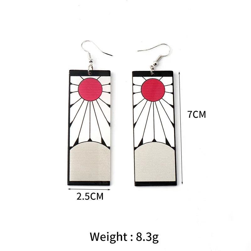 Tanjiro earrings Demon Slayer featuring a design with red sun and black outline, lightweight and stylish