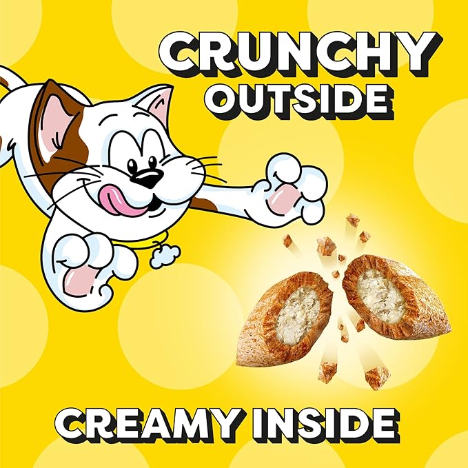 Cartoon cat with crunchy outside and creamy inside snack on yellow background