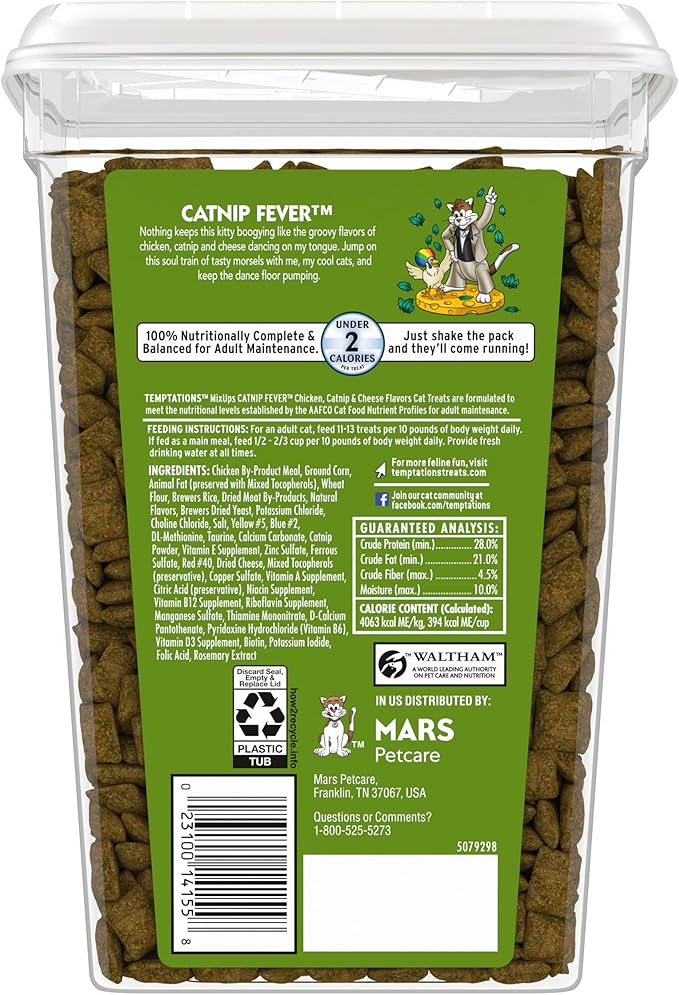 My Store Catnip Fevertm cat treats in a clear plastic tub with green label and nutritional information