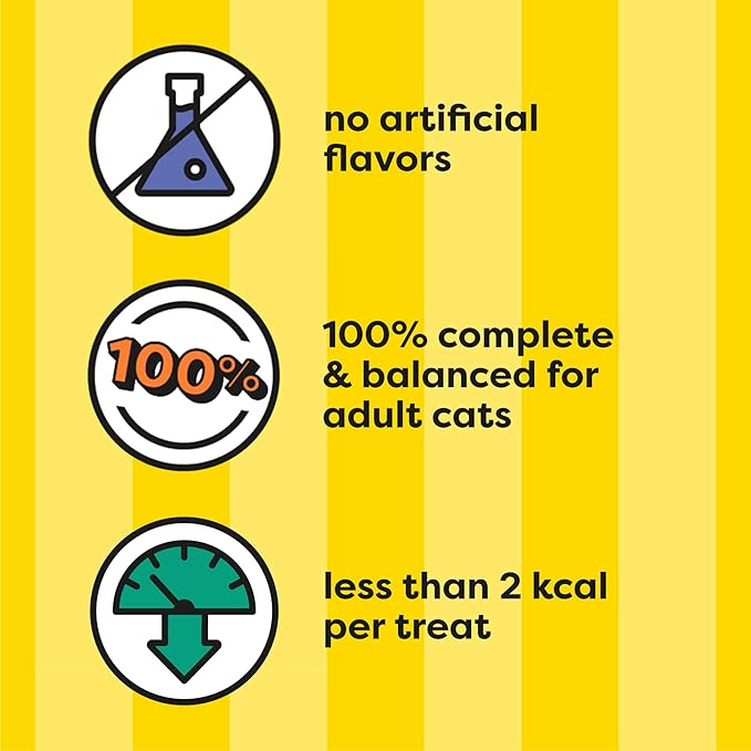 Pet treat benefits showing no artificial flavors 100% complete balanced for adult cats and less than 2 kcal per treat