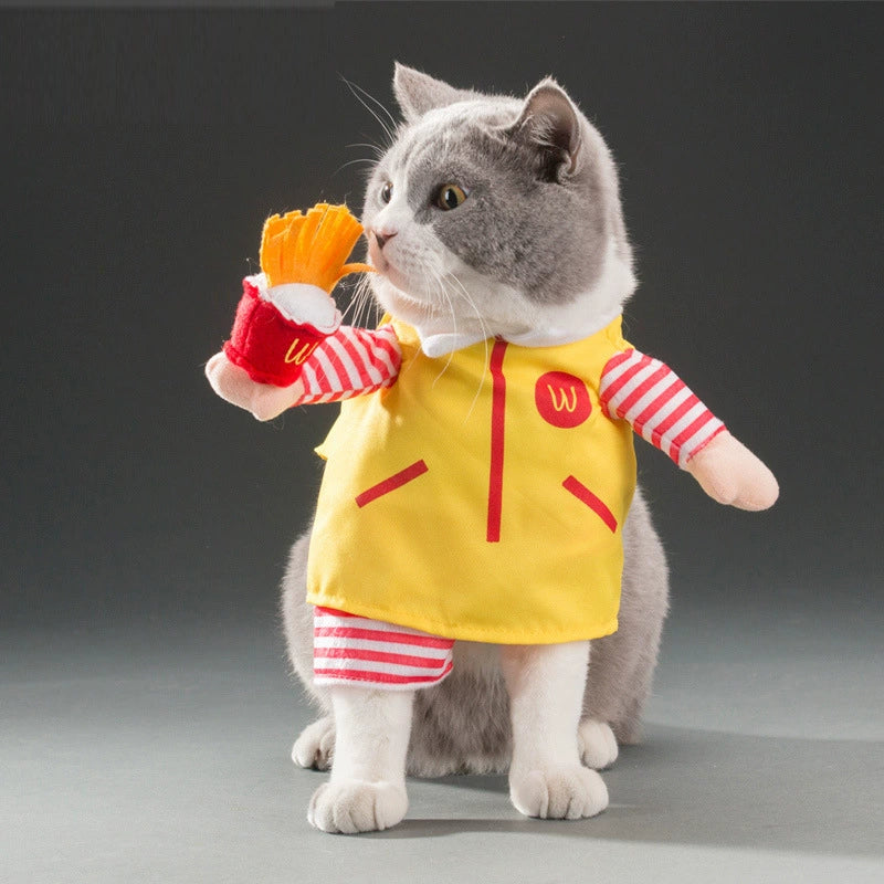 Gray cat in a yellow outfit holding a toy fries, showcasing TikTok trending pet outfits