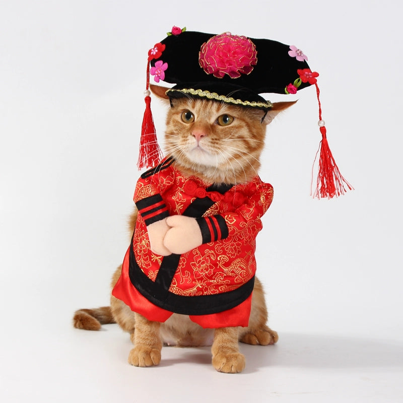 Cat dressed in traditional red outfit with hat, showcasing TikTok trending pet outfits for festive occasions