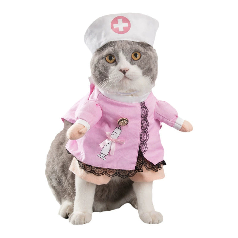 Adorable cat in a nurse costume featuring TikTok trending pet outfits with pink details and a hat