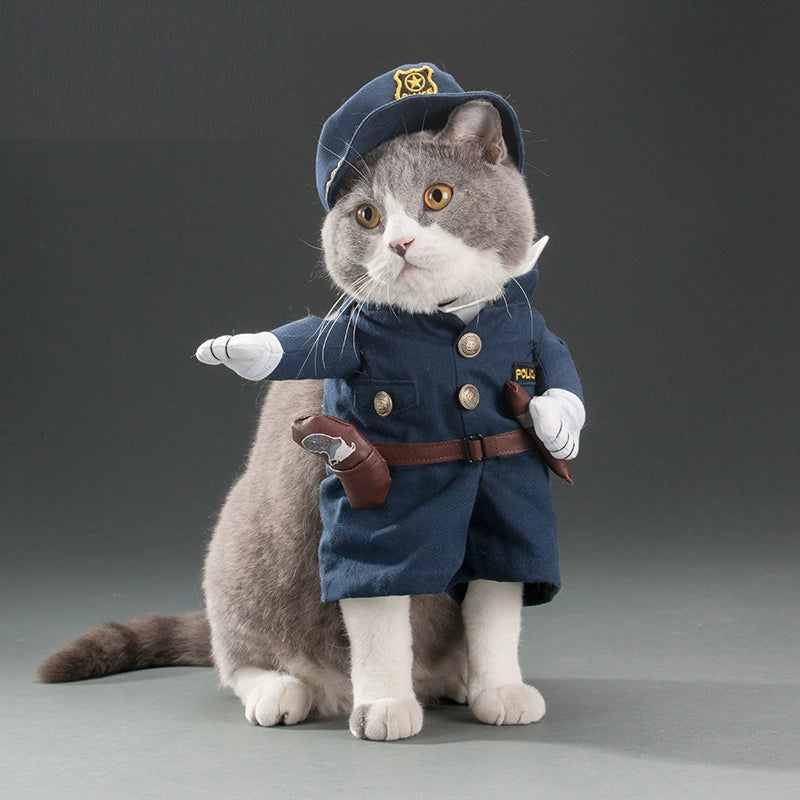 Adorable gray cat in a police officer costume, perfect for TikTok trending pet outfits