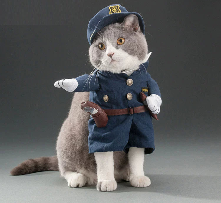 Gray cat dressed in a police officer costume from Zoomies & Co, perfect for TikTok trending pet outfits