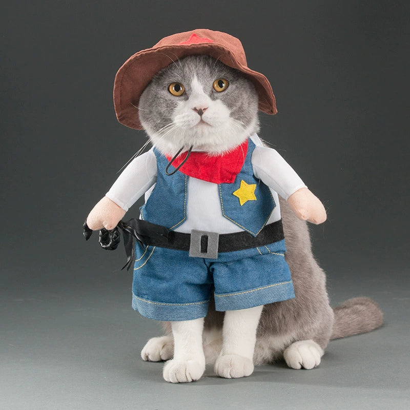 Gray cat dressed in a sheriff outfit, showcasing TikTok trending pet outfits for stylish pets