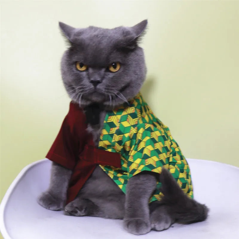 Cat dressed in colorful Tomioka Giyuu pet costume from Zoomies & Co for playful pets