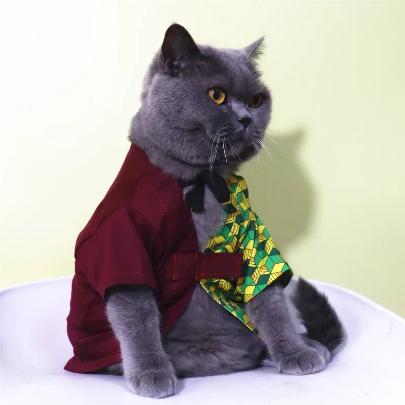 Tomioka Giyuu pet costume for cats with colorful detail and stylish design by Zoomies & Co
