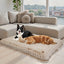 Two dogs resting together on an ultra plush dog bed in a cozy living room setting