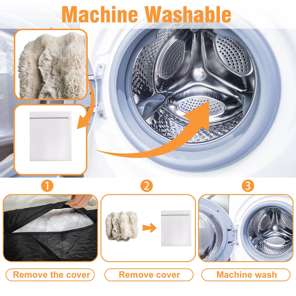 Machine washable ultra plush dog bed cover being prepared for easy cleaning in a washing machine