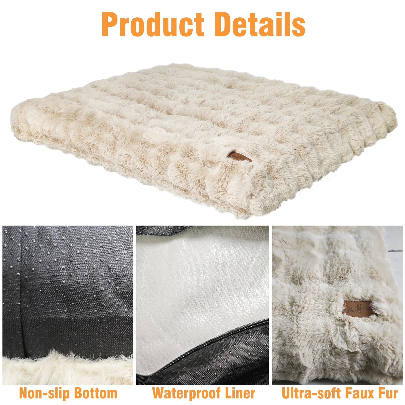 Ultra plush dog bed in cream color featuring non-slip bottom and waterproof liner