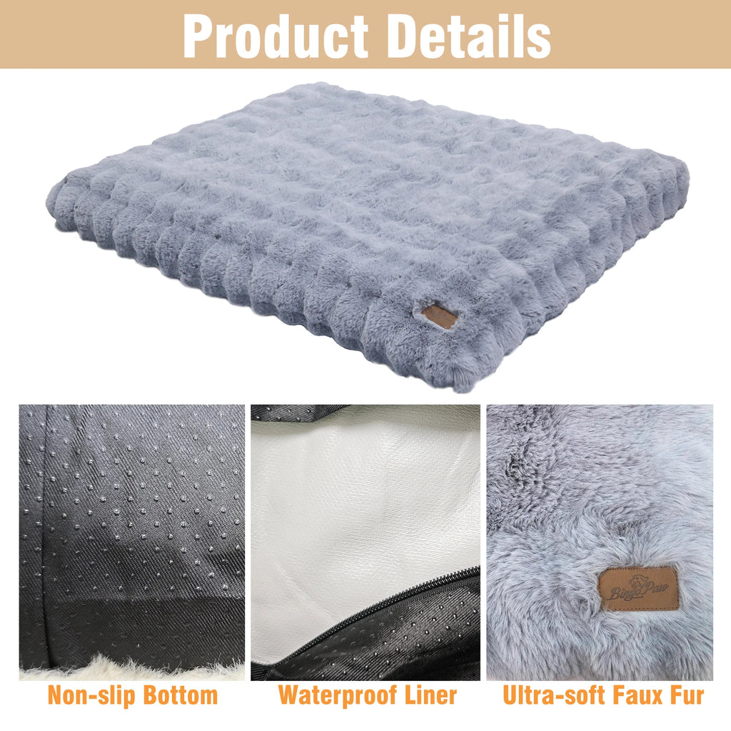 Zoomies & Co ultra plush dog bed with non-slip bottom and waterproof liner in soft gray faux fur