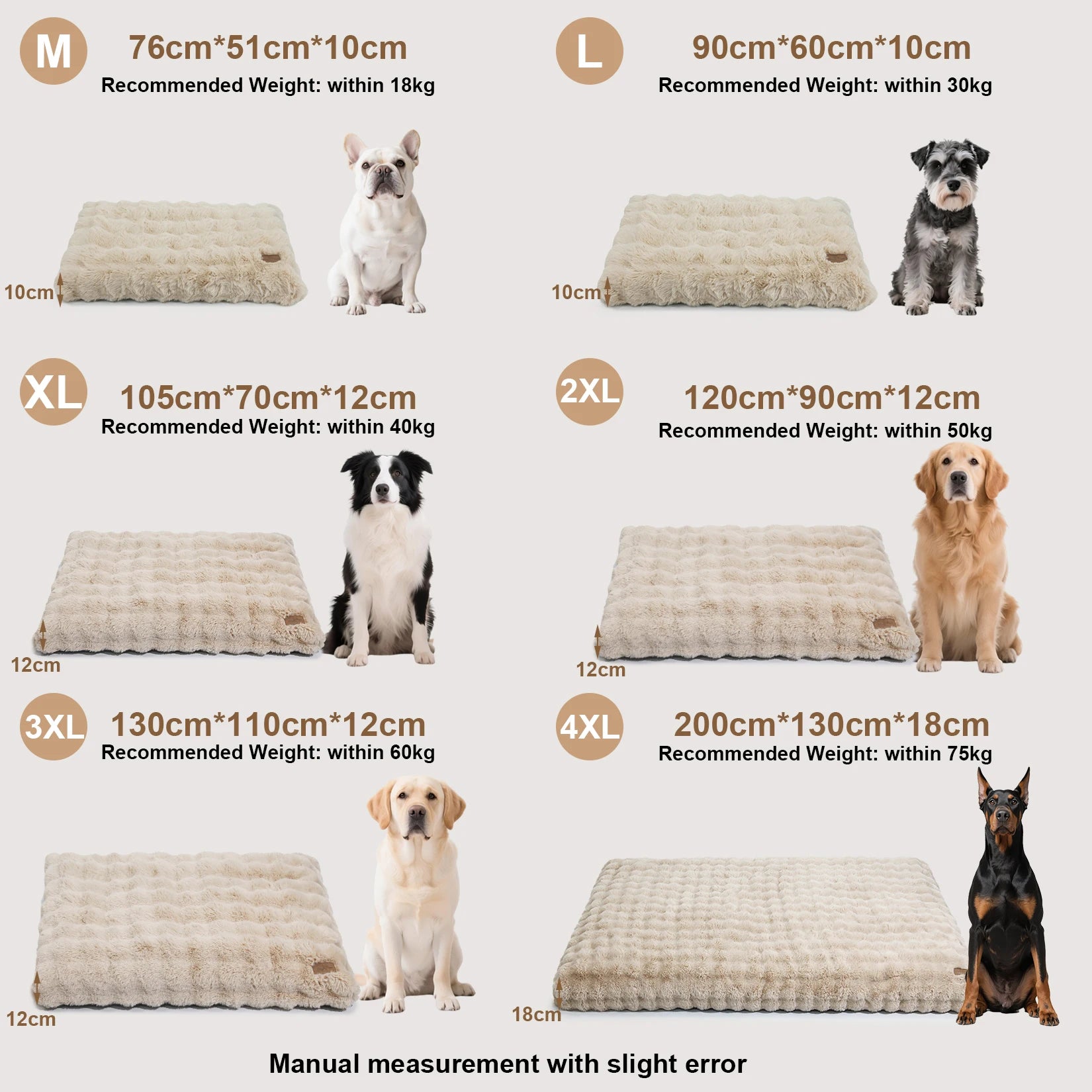 Zoomies & Co ultra plush dog bed in various sizes with recommended weight limits for different dog breeds