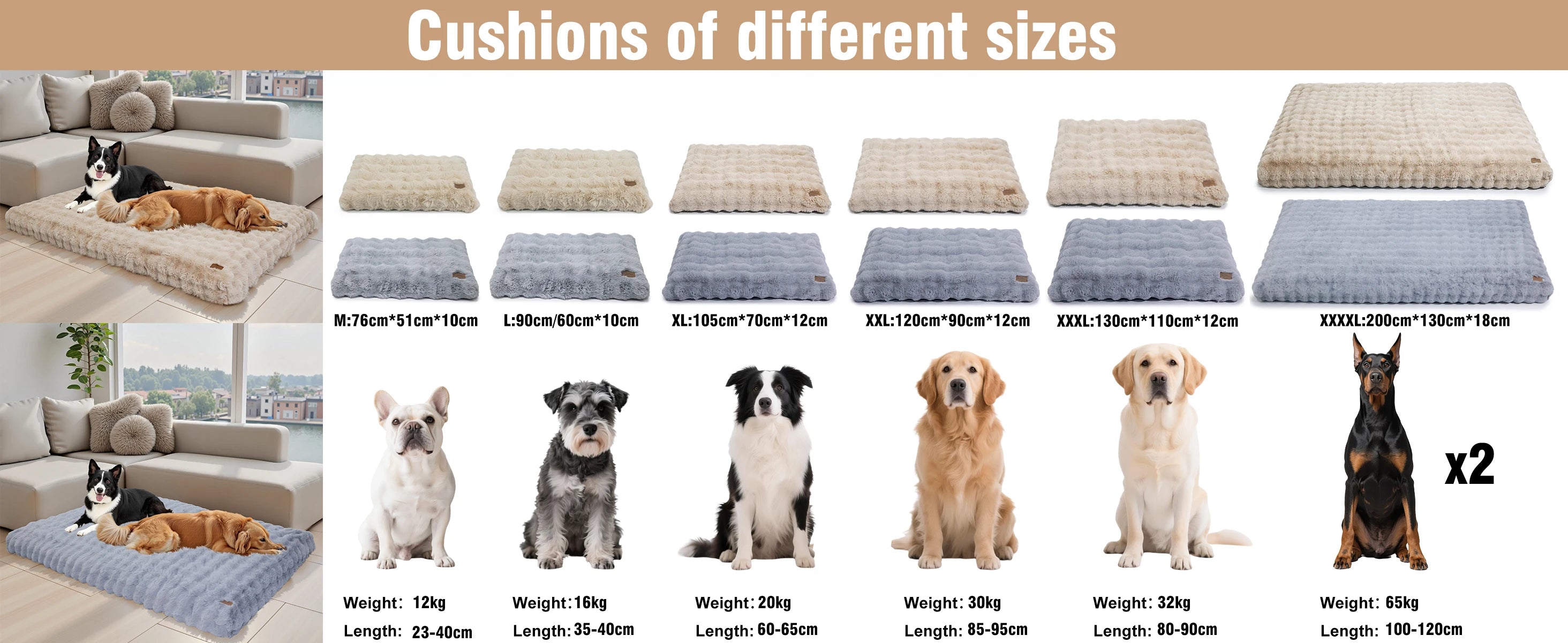 Variety of ultra plush dog beds in different colors and sizes for optimal pet comfort